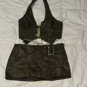 Windsor Olive Green Faux Leather Crop Top & Mini Skirt Set